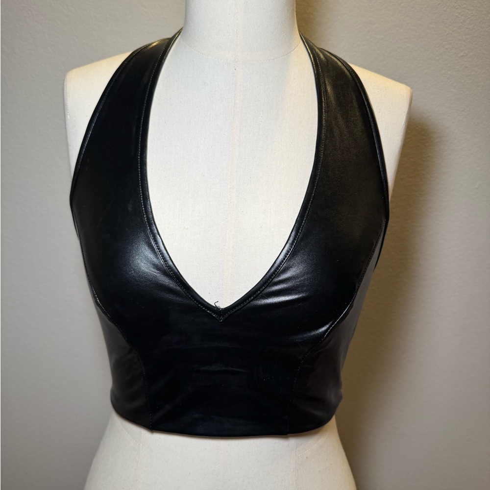 Black Halter Leather Crop Top